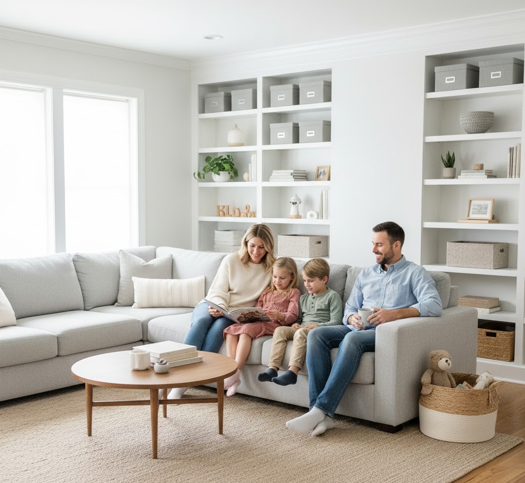 Family enjoying organized home